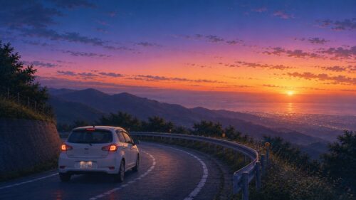ナンバー0390の車が夜明けの峠道を走るイラスト