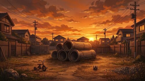 B子さんの神曲「もらいもん」を連想させる夕焼けの空き地と土管のイラスト