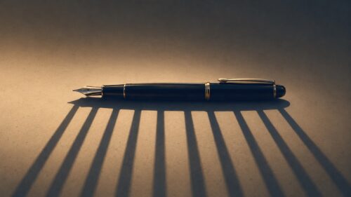 万年筆の影が鉄格子の形になっている様子。俺よりマシ ペンの3つの意味を象徴するイメージ