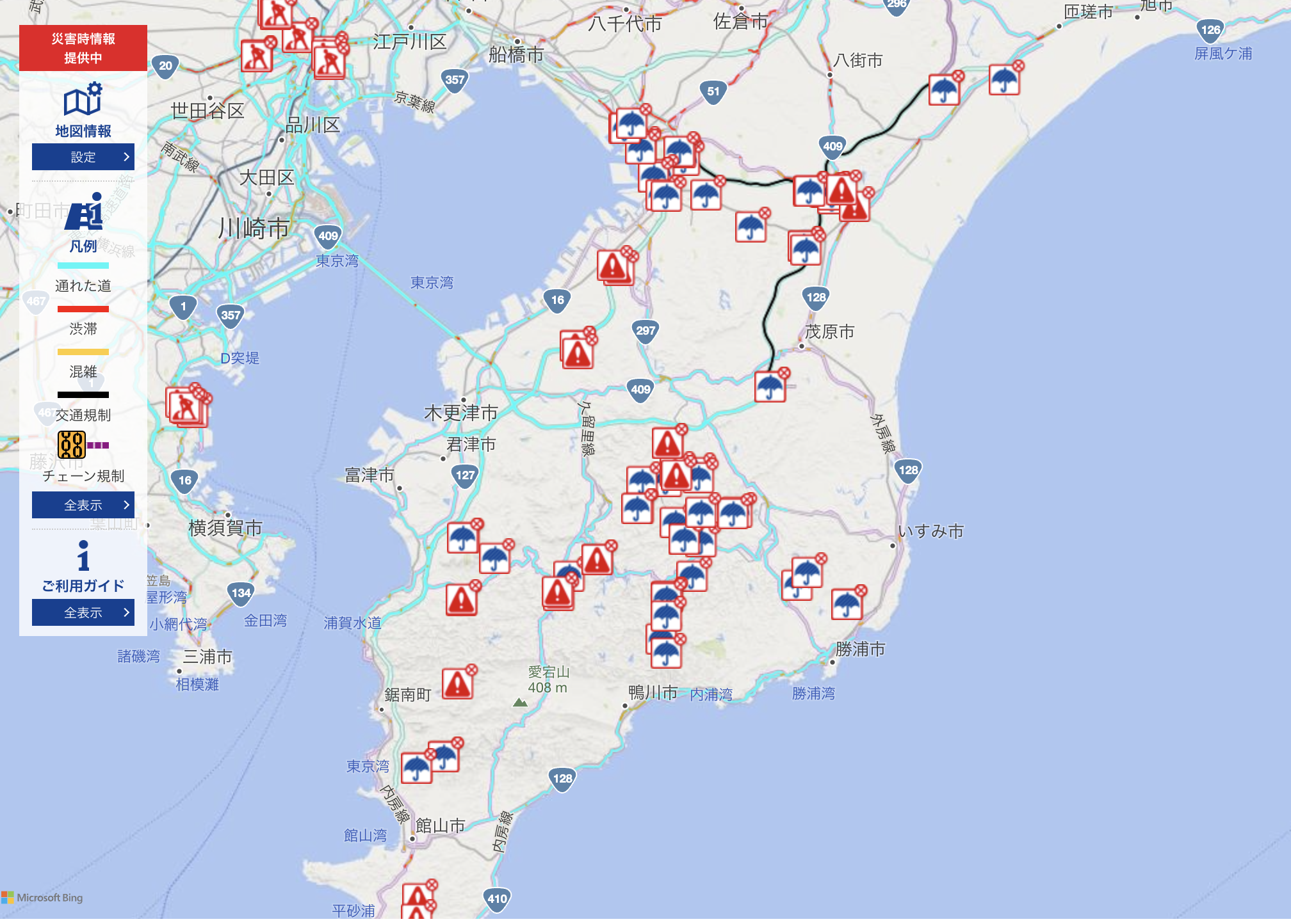 トヨタ通れた道マップで千葉県広域の通行実績を表示した画面