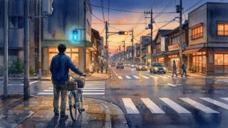 夕暮れの横断歩道で点滅信号を待ち、自転車を押して立ち止まる人