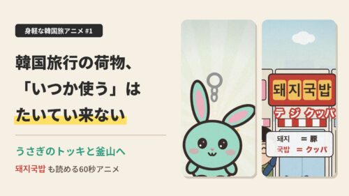 韓国旅行の荷物は「いつか使う」はたいてい来ない｜うさぎのトッキと看板돼지국밥のアニメ場面