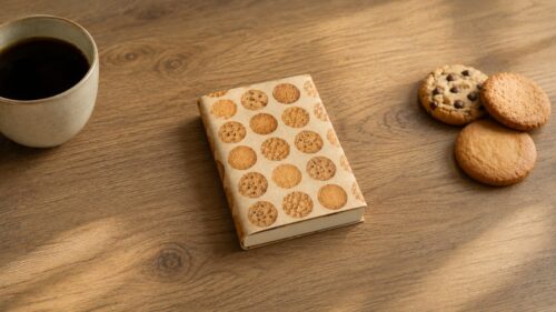 クッキー柄のブックカバーが本にかけられ、コーヒーとクッキーが添えられたフラットレイ写真