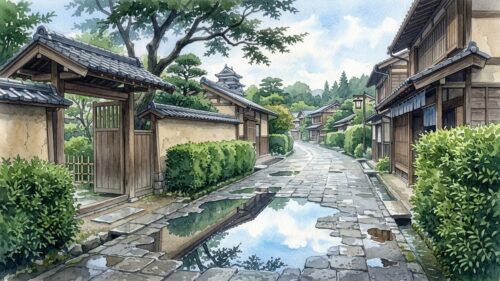 大雨のあとの城下町の小道と水たまり（地球の水の総量と温暖化を考える記事のアイキャッチ）