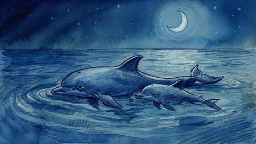 夜の海で眠るように泳ぐイルカの親子（睡眠時間の記事イメージ）